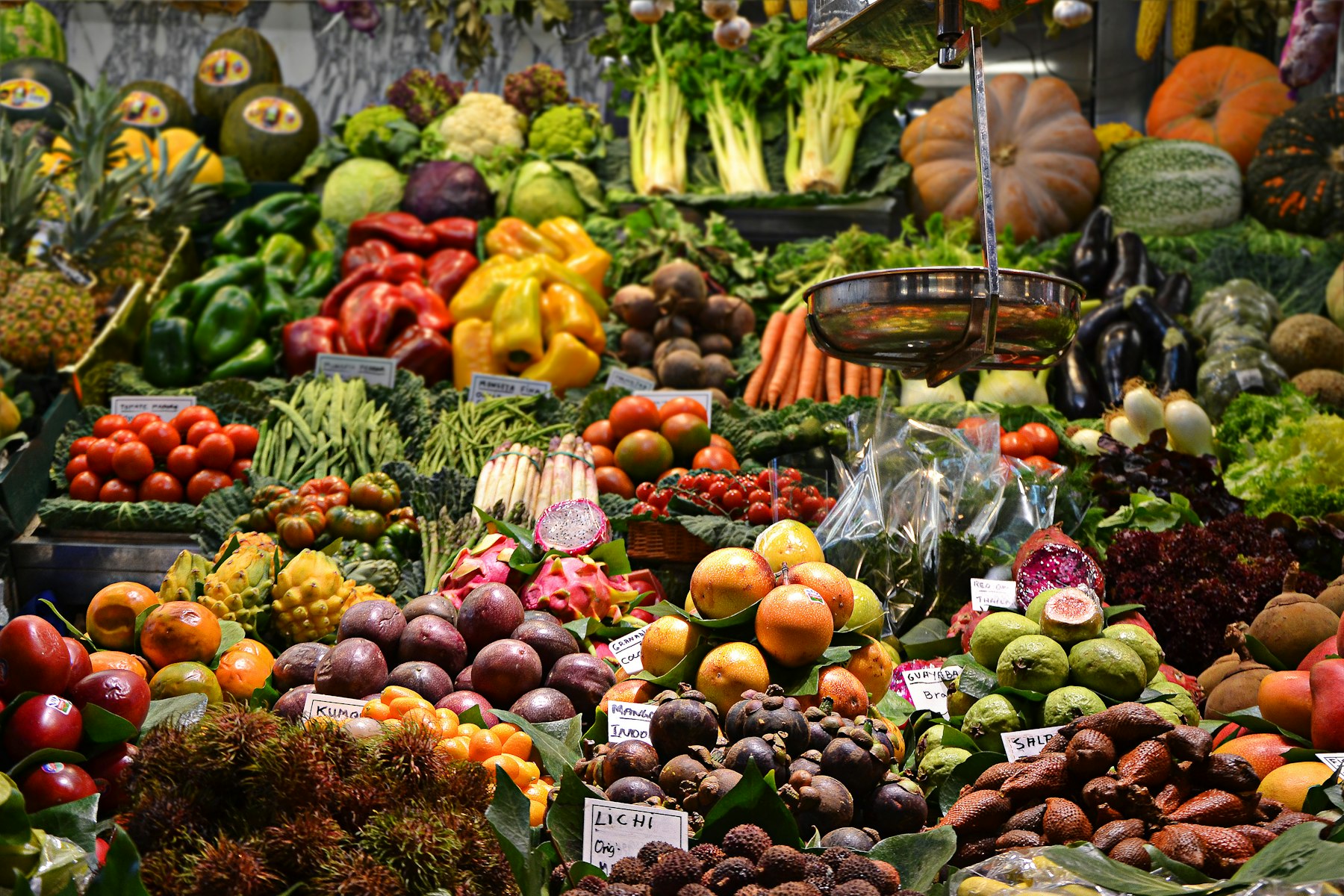 A farmers’ market produce stall — seasonal fruit and vegetables